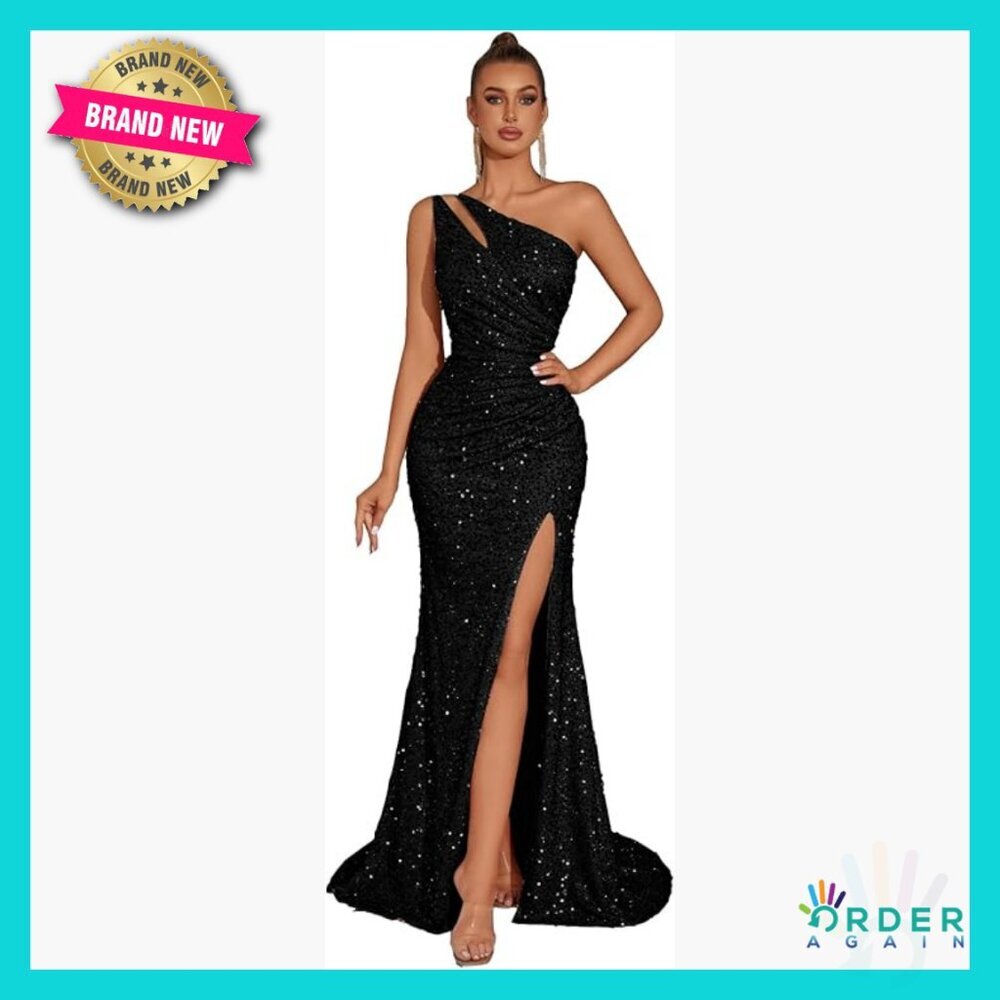 Sequin Tulle Mermaid Formal Dress Elegant One Shoulder Floor Length Prom